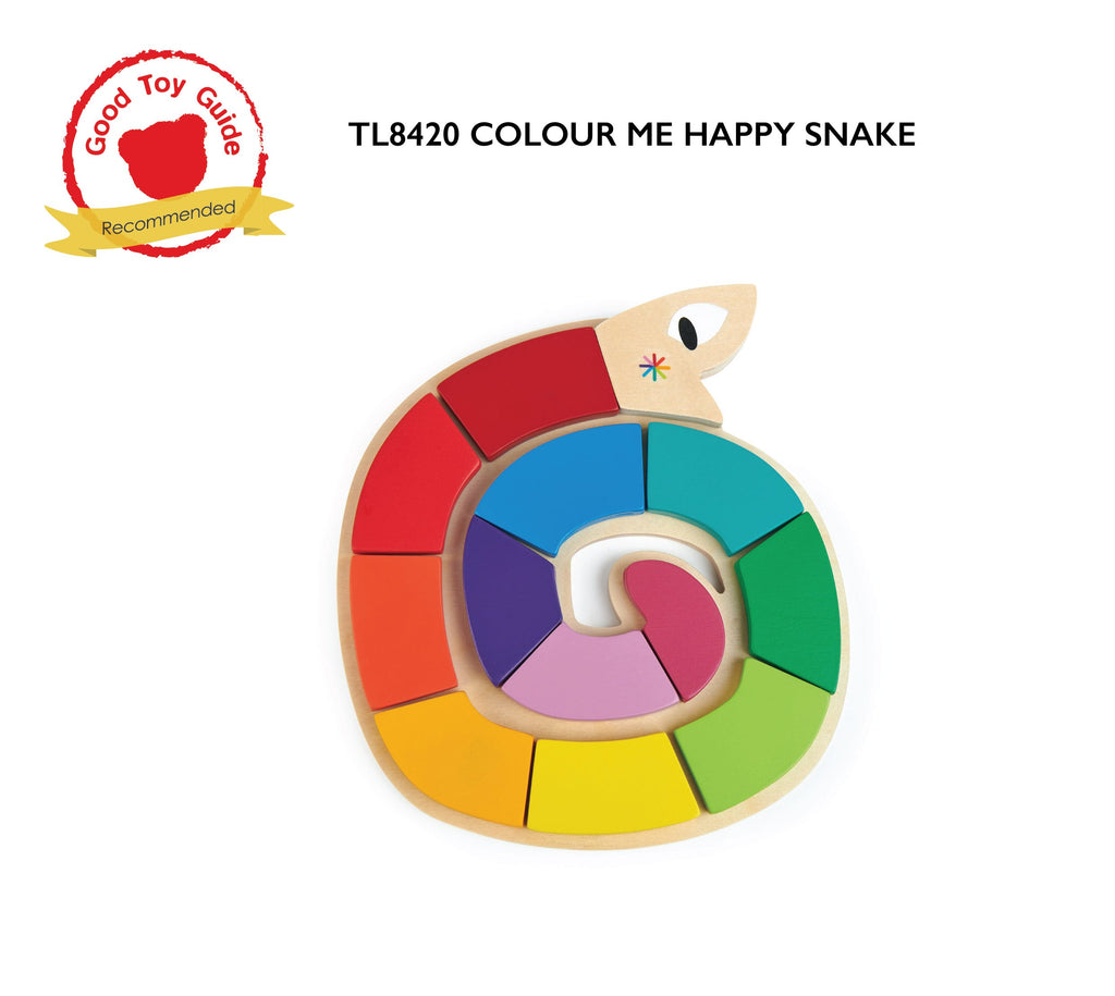 Tender Leaf Toys wooden colourful puzzle snake with 12 educational coloured pieces that match up to a 3 dimensional recessed shape underneath