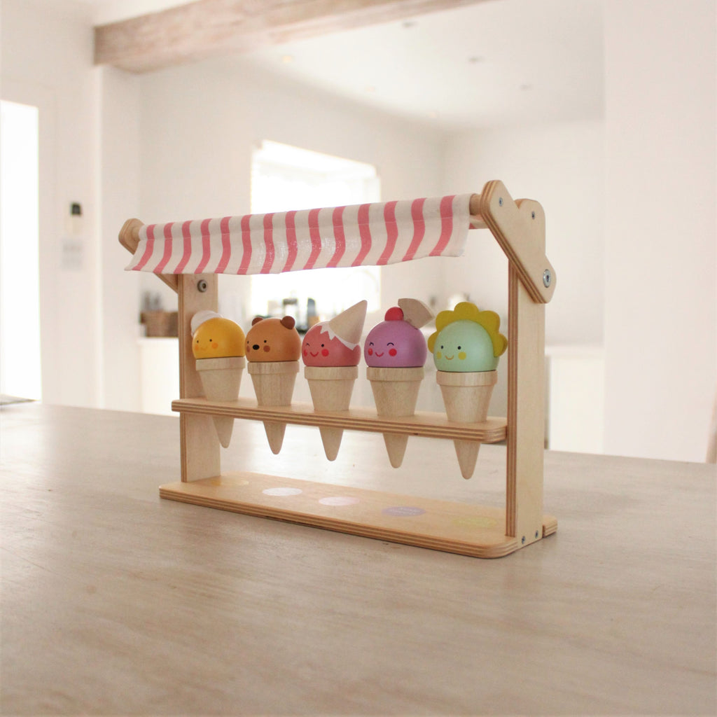 Tender Leaf wooden plastic free toy ice cream lolly stand with smiling faces and colourful tops. perfect gift for children in the summer