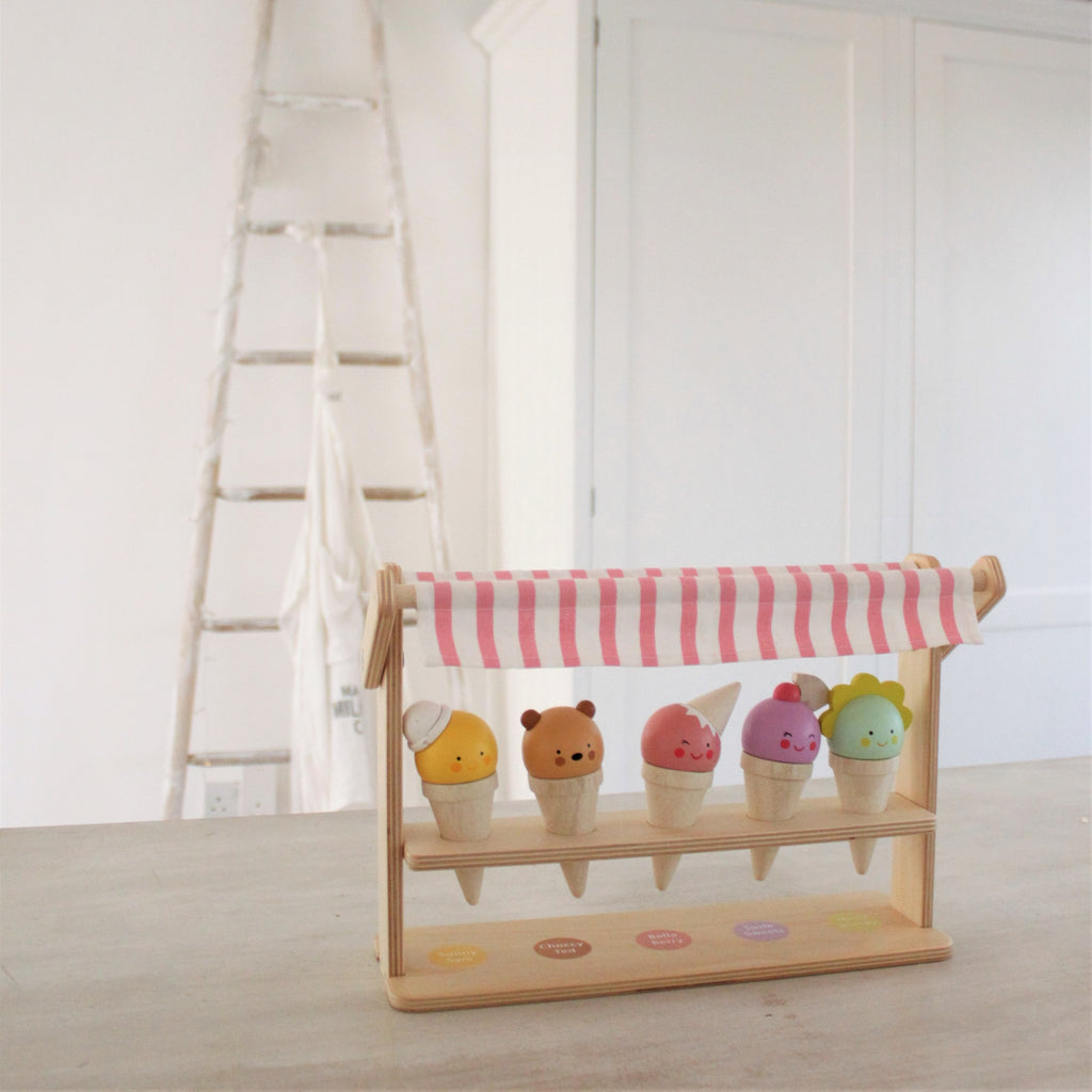 Tender Leaf wooden plastic free toy ice cream lolly stand with smiling faces and colourful tops. perfect gift for children in the summer