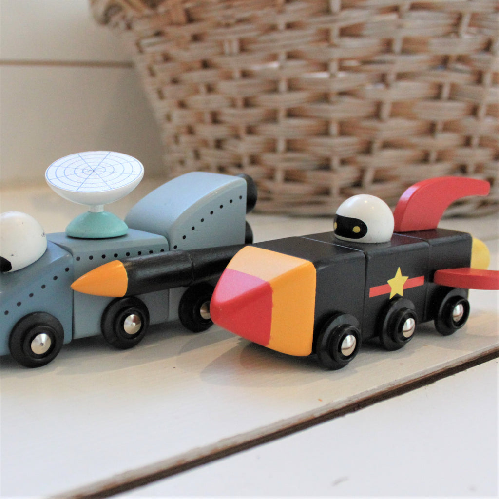 Tender Leaf wooden space race vehicles that can be mixed and matched to create your own rocket car toys. Play with friends and create your own toy world