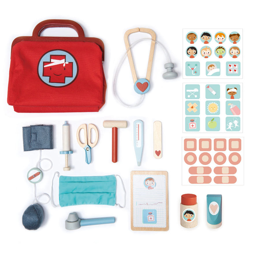 Tender leaf wooden toys doctors bag play game set for children with stethoscope ointment thermometer mask and scissors in red