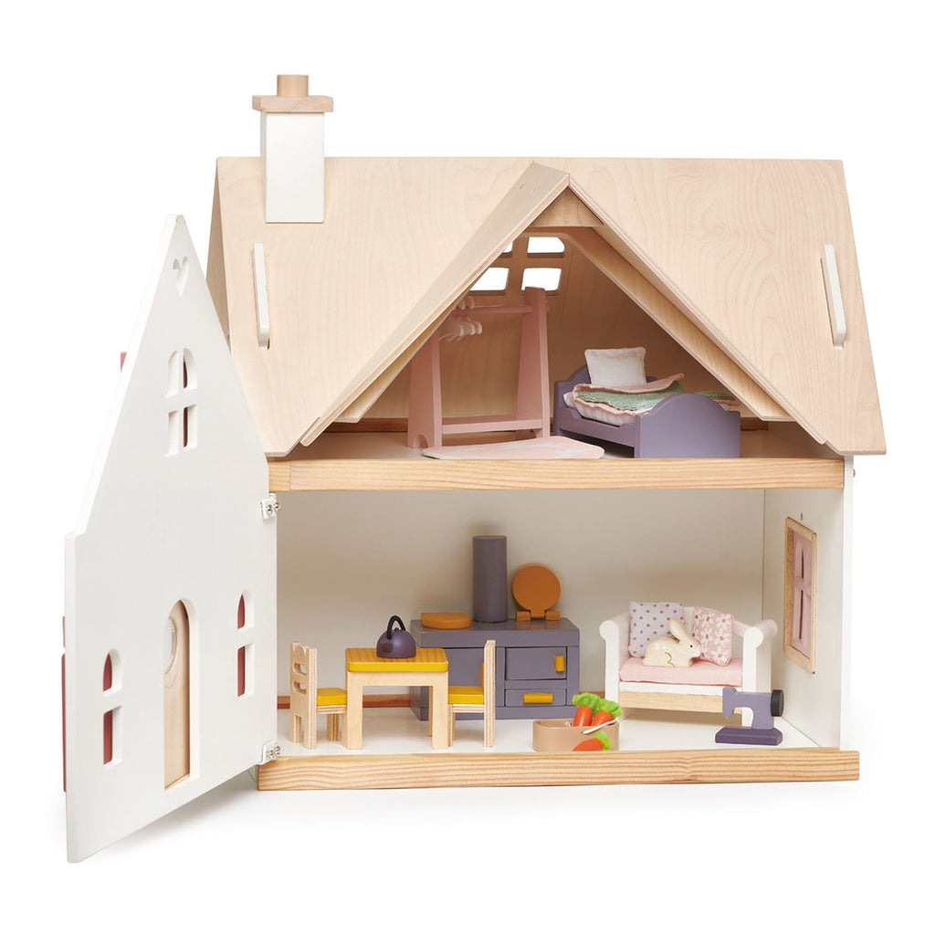 Tender Leaf wooden toy dolls house cottontail cottage with pink and white windows and doors