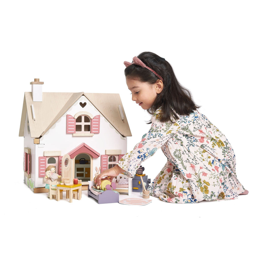 Tender Leaf wooden toy dolls house cottontail cottage with pink and white windows and doors