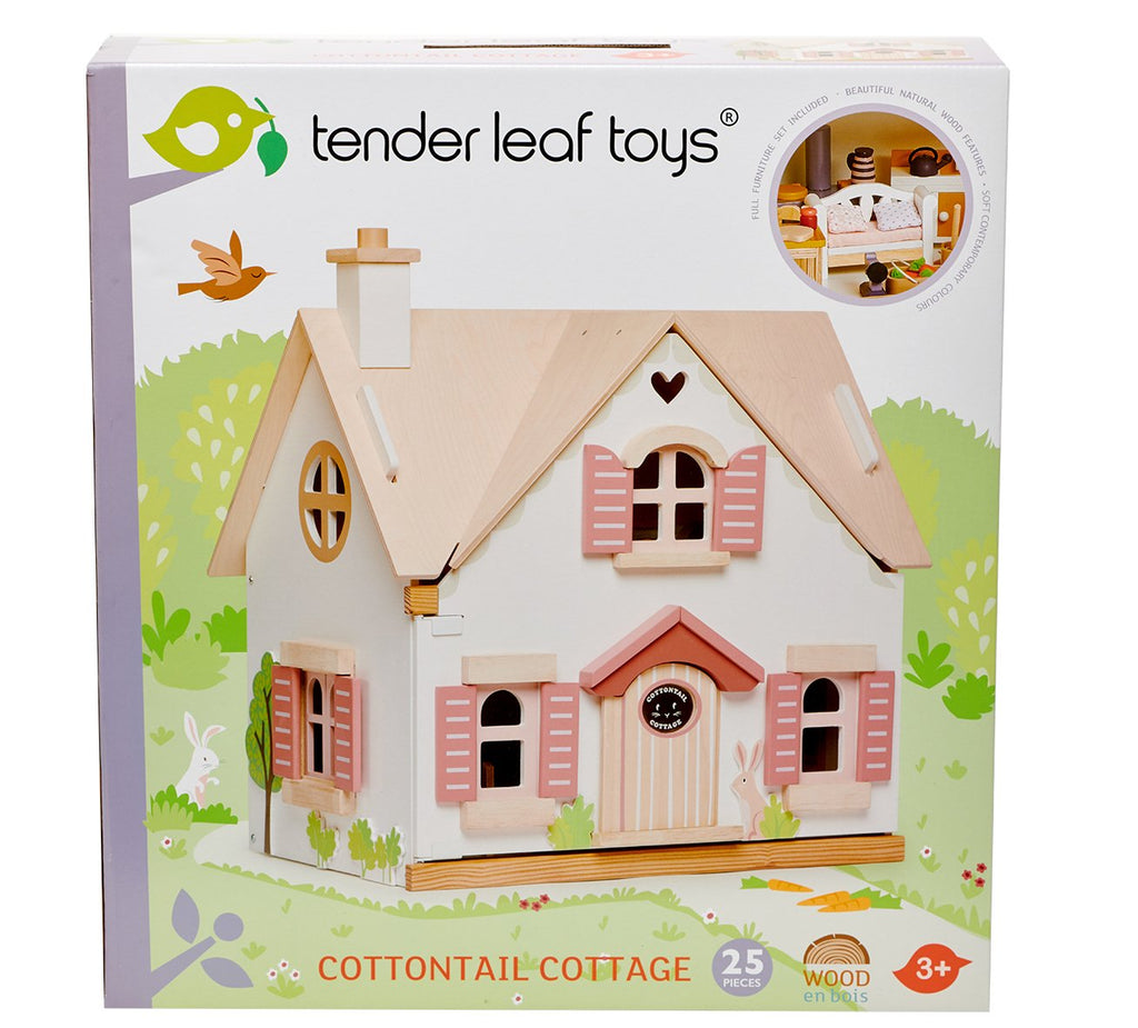 Tender Leaf wooden toy dolls house cottontail cottage with pink and white windows and doors