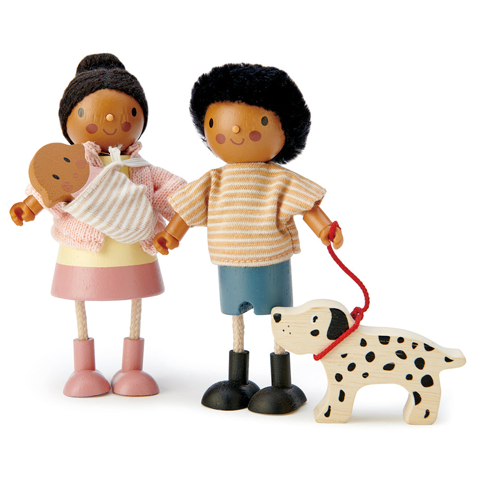 Tender leaf wooden toys dad doll with bendy arms and legs for children and toddlers with Dalmatian puppy dog pet