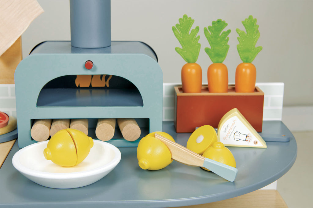 tenderleaf wood toy premium luxury kitchen for children with pizza oven, accessories and play food