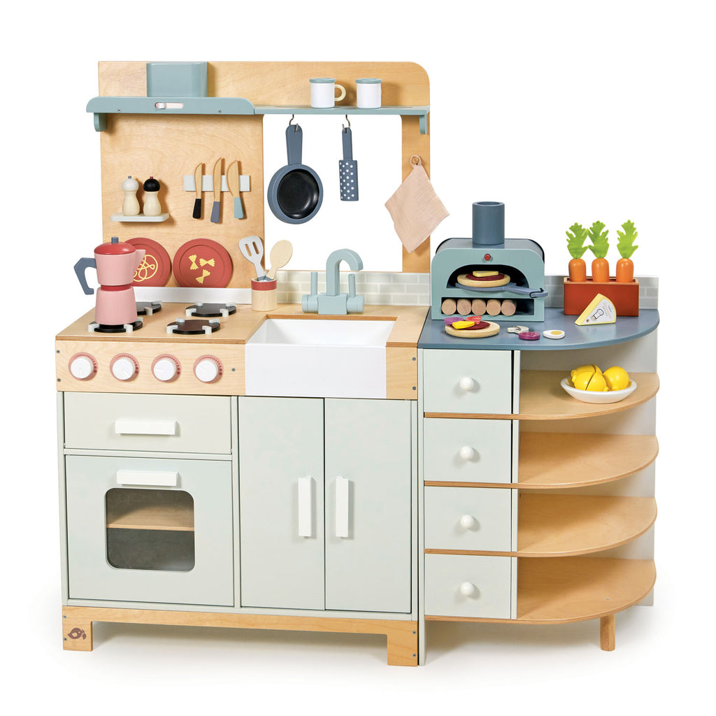 tenderleaf wood toy premium luxury kitchen for children with pizza oven, accessories and play food