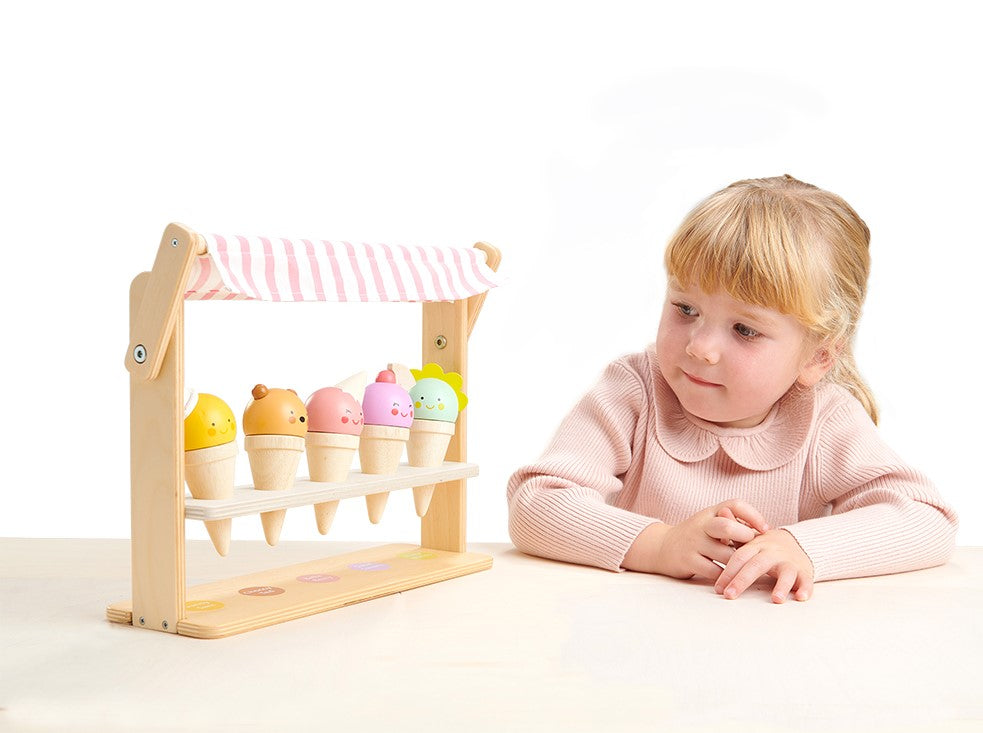 Tender Leaf wooden plastic free toy ice cream lolly stand with smiling faces and colourful tops. perfect gift for children in the summer