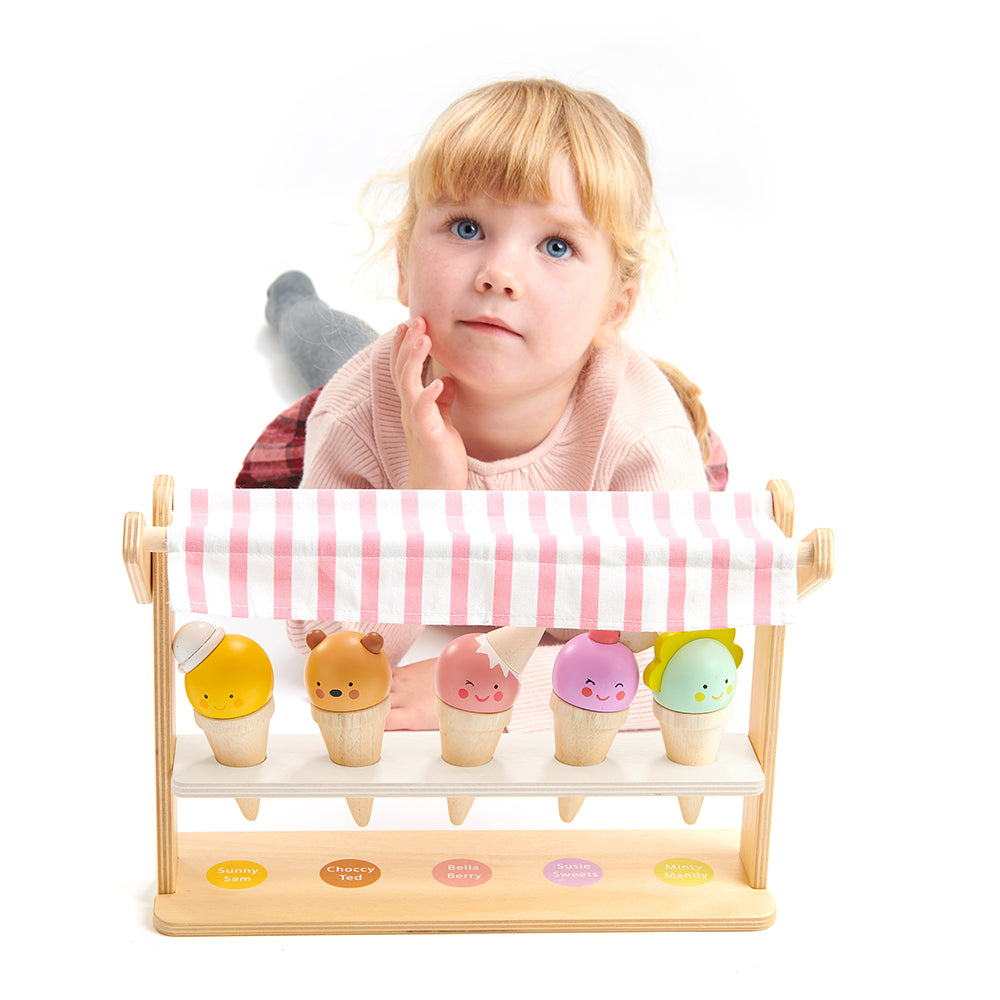 Tender Leaf wooden plastic free toy ice cream lolly stand with smiling faces and colourful tops. perfect gift for children in the summer