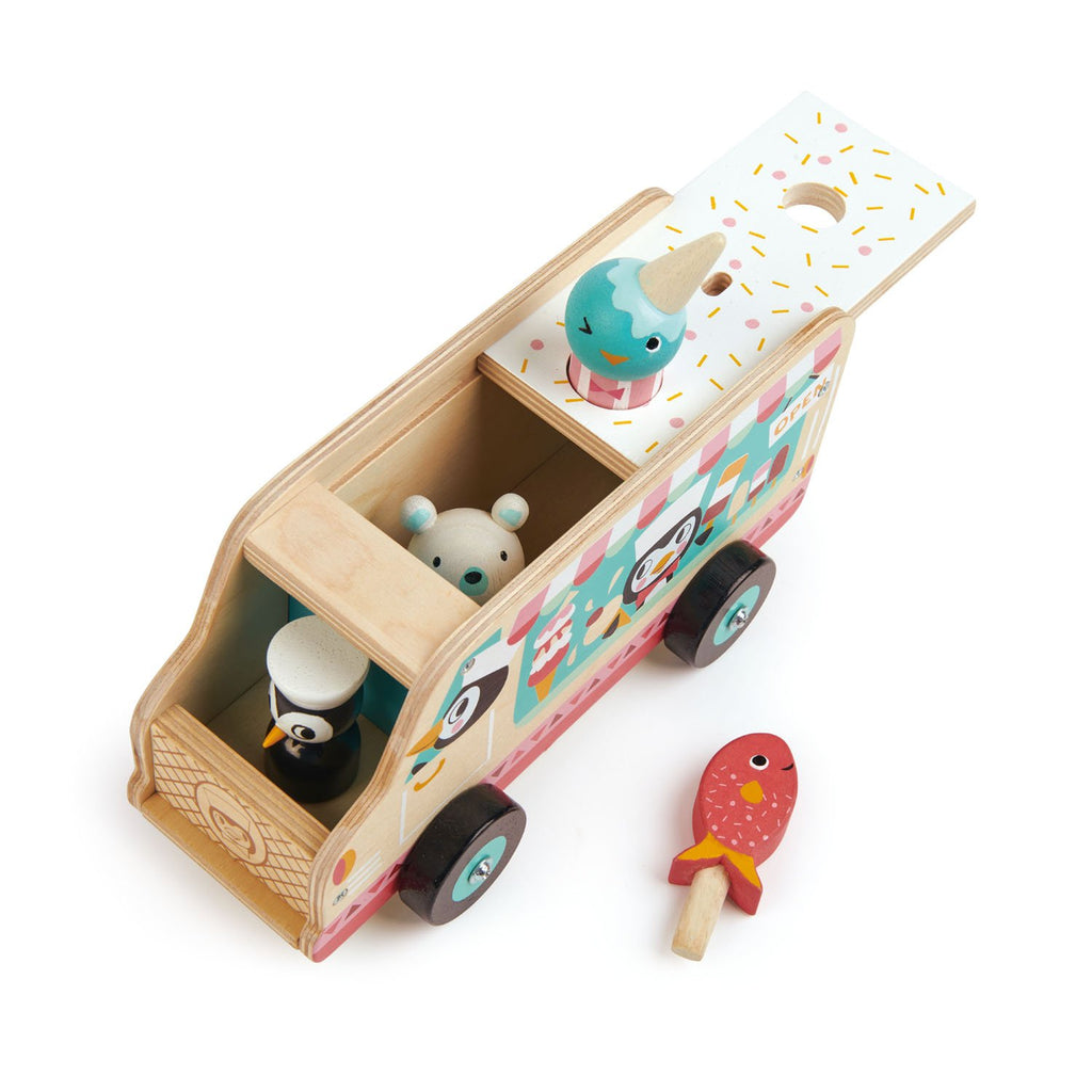 Tender Leaf Toys wooden gelato ice cream van driven by a couple of pesky penguins