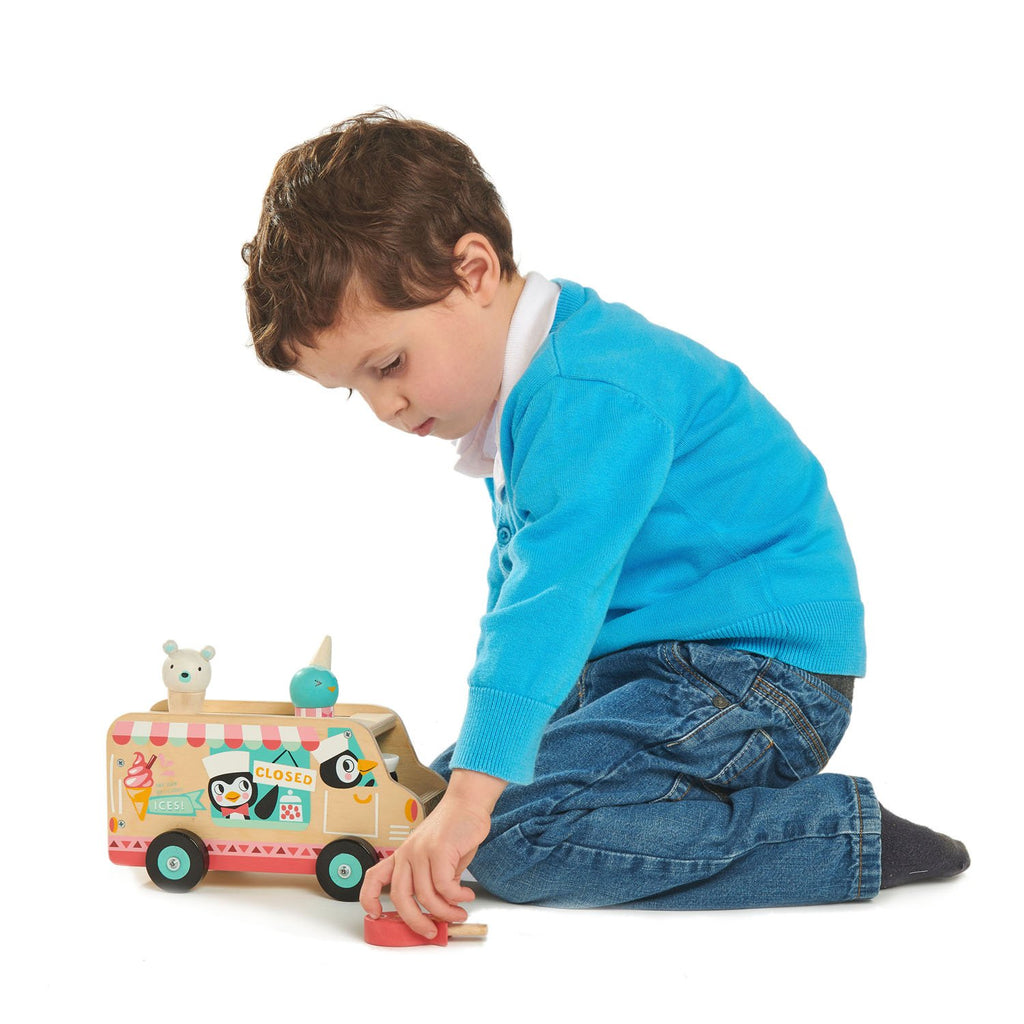 Tender Leaf Toys wooden gelato ice cream van driven by a couple of pesky penguins