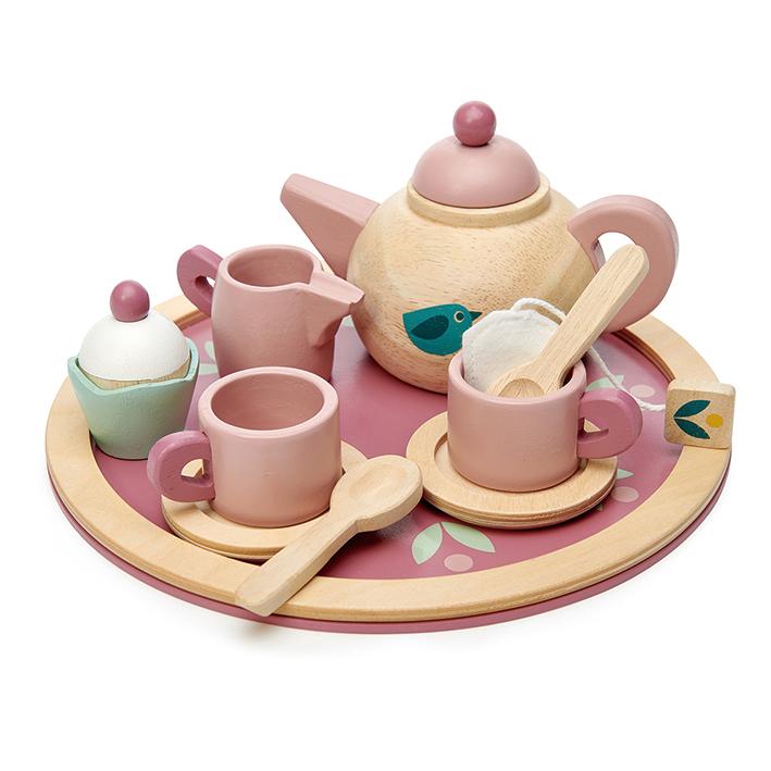 Tender Leaf pretend play toys wooden tea set with cupcake and teapot in pink 