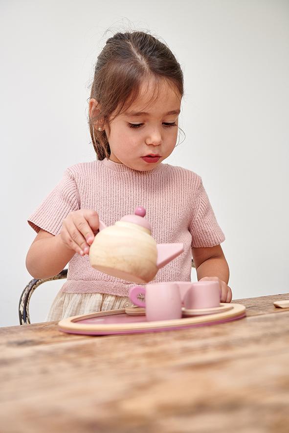 Tender Leaf pretend play toys wooden tea set with cupcake and teapot in pink 