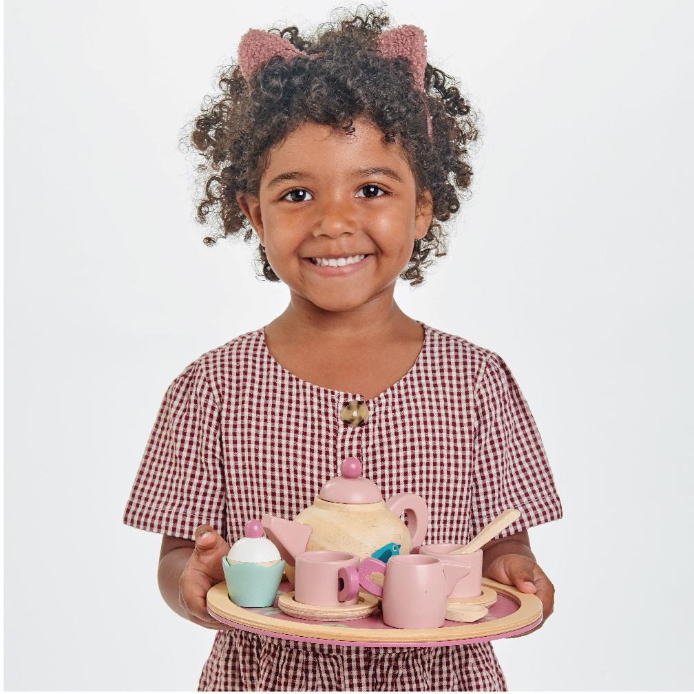 Tender Leaf pretend play toys wooden tea set with cupcake and teapot in pink 