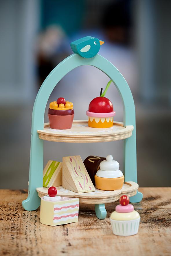 Tender Leaf wooden toys cake stand with cupcakes and sandwiches for predend play with children