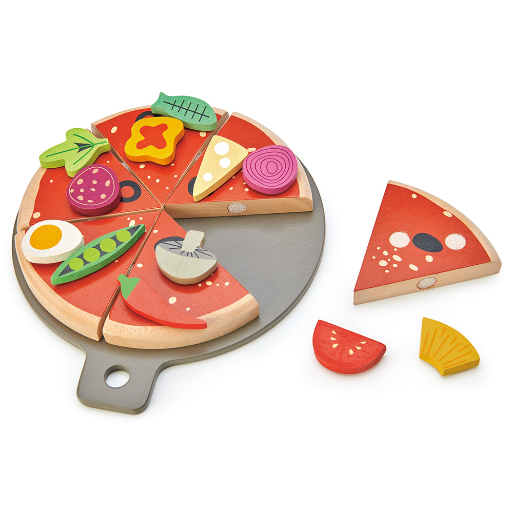 Tender Leaf wooden kitchen play food pizza set for children with 12 slices pretend play tea party gift present idea with illustrated box