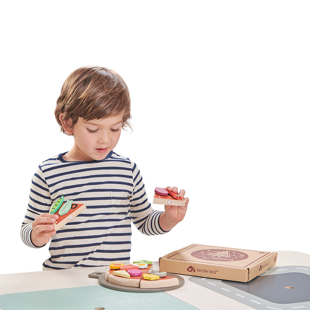 Tender Leaf wooden kitchen play food pizza set for children with 12 slices pretend play tea party gift present idea with illustrated box