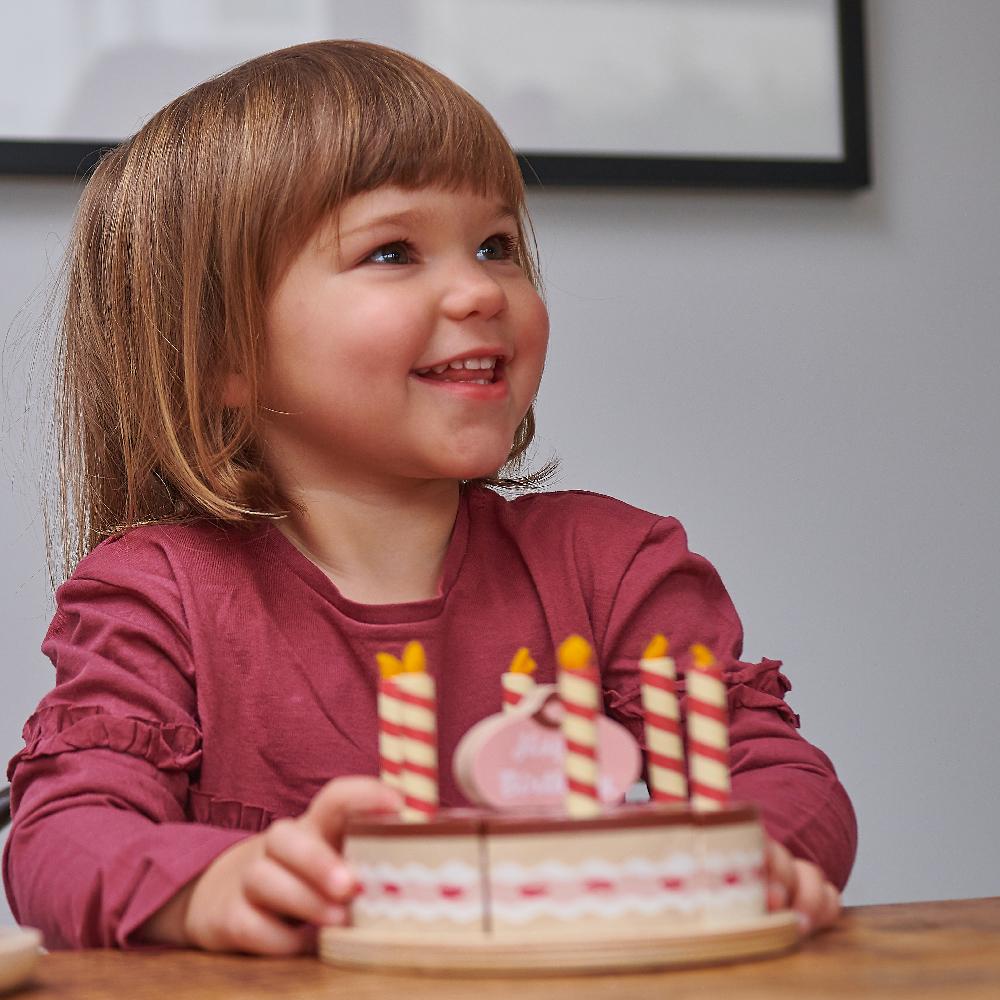 Tender Leaf wooden toys play food chocolate cake with bon anniversaire motif