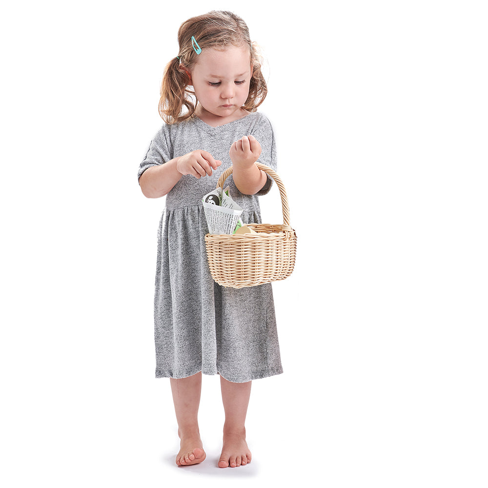 Tender Leaf wooden shopping wicker basket pretend play food set for children with newspaper, apple, lemonade chocolate flowers tulips and some cheese