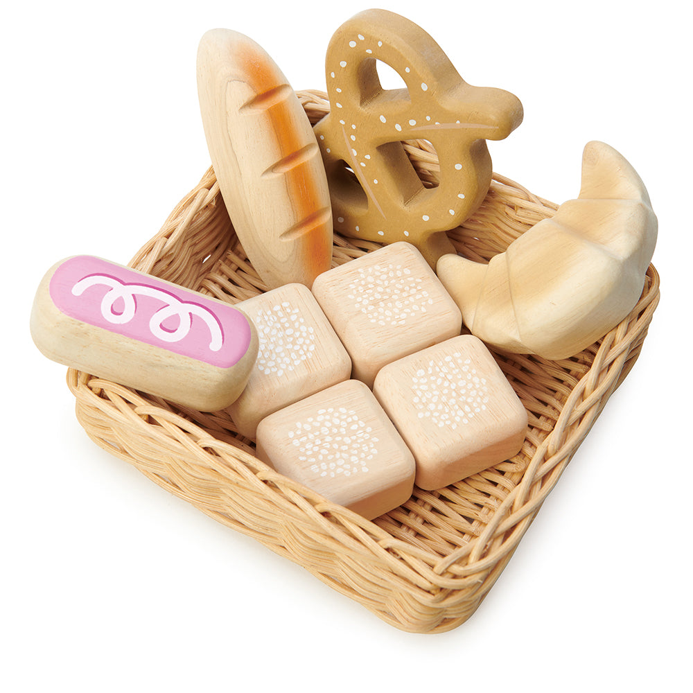 A hand crafted wicker basket with croissant, iced bun, pretzel, baguette and 4 pull apart bread rolls for sharing.  Part of our Market day Range and an accessory to our gorgeous General Stores market stand