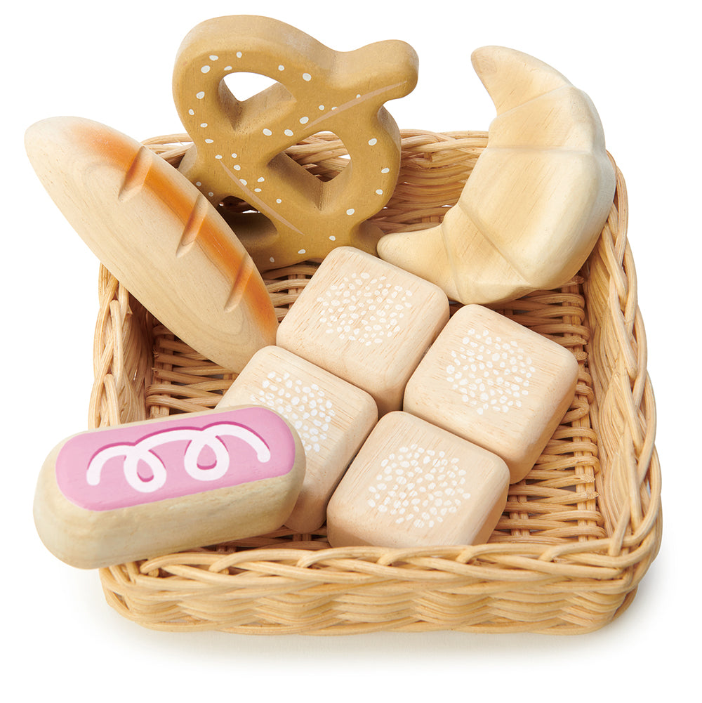 A hand crafted wicker basket with croissant, iced bun, pretzel, baguette and 4 pull apart bread rolls for sharing.  Part of our Market day Range and an accessory to our gorgeous General Stores market stand