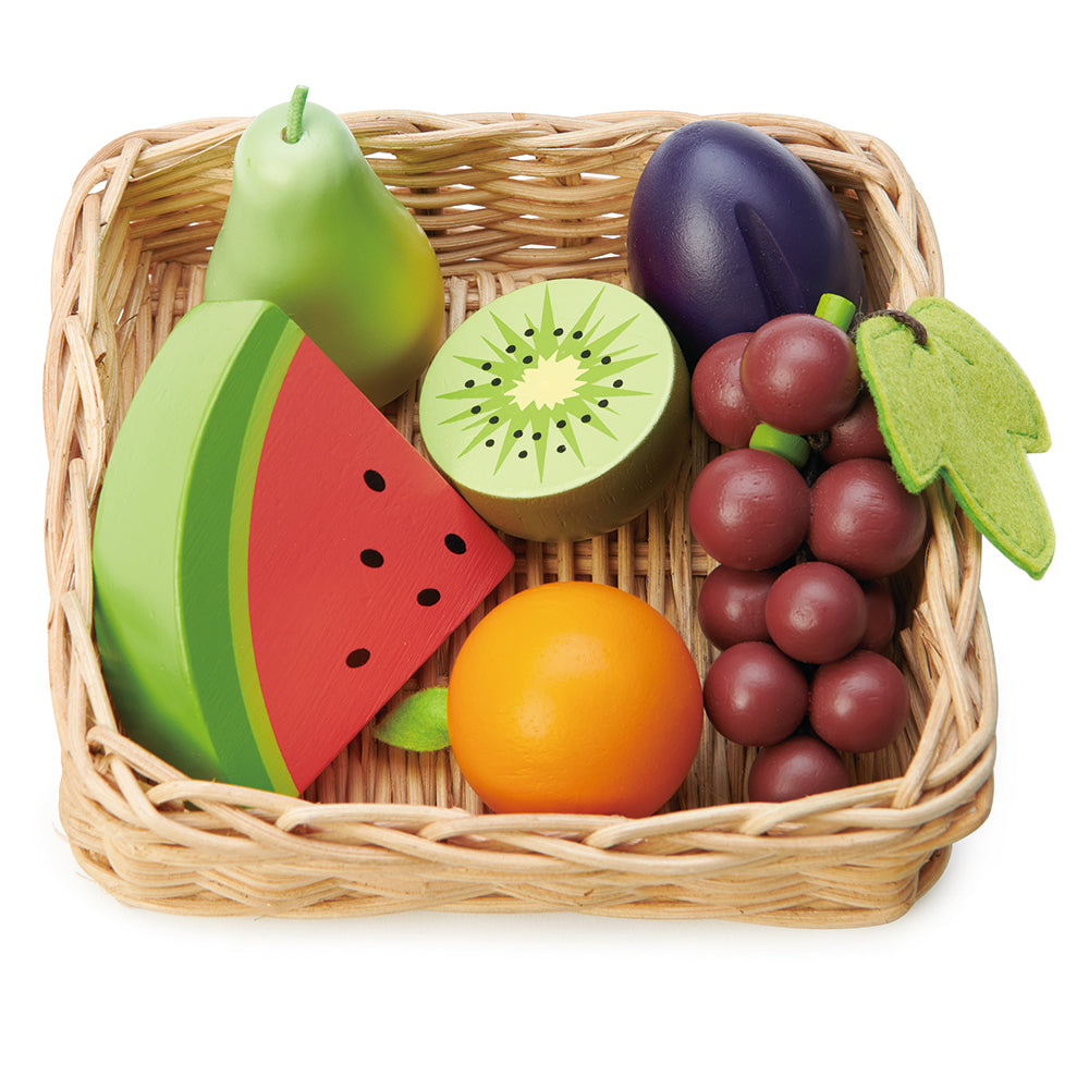 A lovely selection of favorite fruits from round the world, all contained in our  A hand crafted wicker basket, to be played with our market stall. Set includes, bunch of grapes, half a kiwi fruit, slice of watermelon, pear, plum, and tangerine.  Part of our Market day Range and an accessory to our gorgeous Farmers Market.