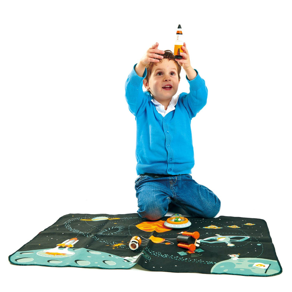 Tender Leaf Toys wooden space theme play mat. Includes wooden accessorie