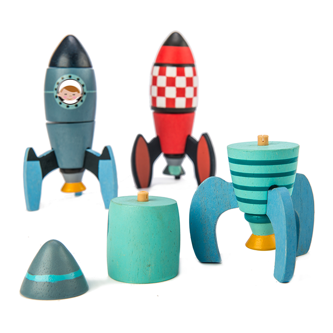 Tender Leaf Toys wooden rocket set for building and constructing. Set includes 18 pieces to build three different space rockets