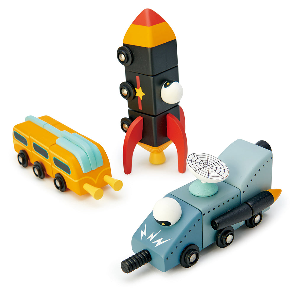 Tender Leaf wooden space race vehicles that can be mixed and matched to create your own rocket car toys. Play with friends and create your own toy world