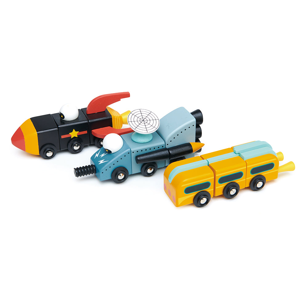 Tender Leaf wooden space race vehicles that can be mixed and matched to create your own rocket car toys. Play with friends and create your own toy world