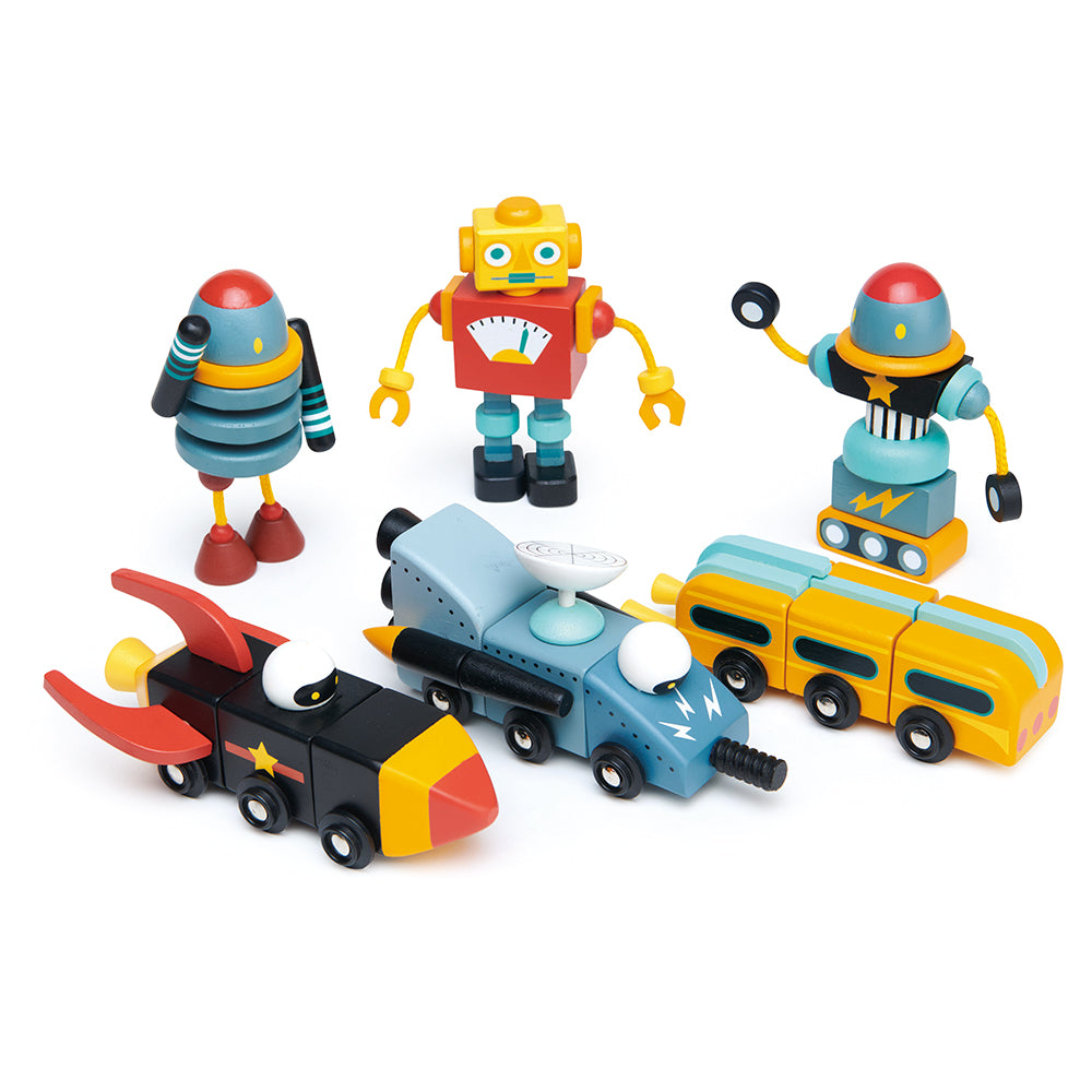 Tender Leaf wooden space race vehicles that can be mixed and matched to create your own rocket car toys. Play with friends and create your own toy world