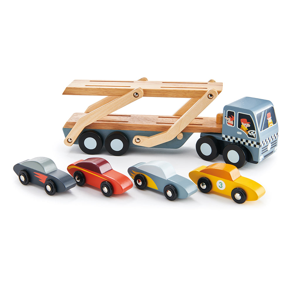 Tender Leaf Toys wooden car transporter toy set for children with lorry and 4 cool colourful cars