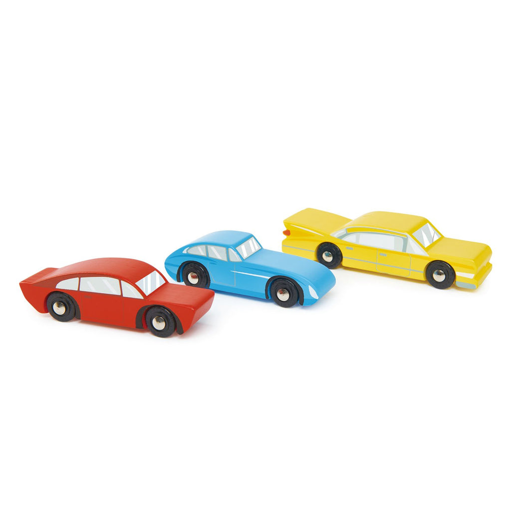 Tender Leaf Toys wooden retro toy car set in contemporary primary colours