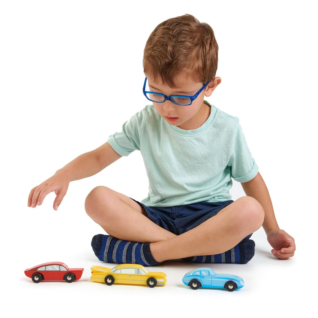 Tender Leaf Toys wooden retro toy car set in contemporary primary colours