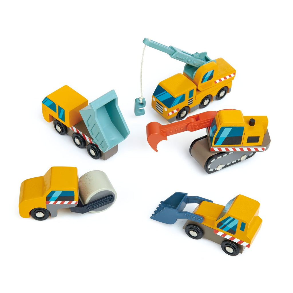 Tender Leaf Toys wooden vehicles construction site, including dump truck, front loader, digger, crane truck, road roller. All with moving parts