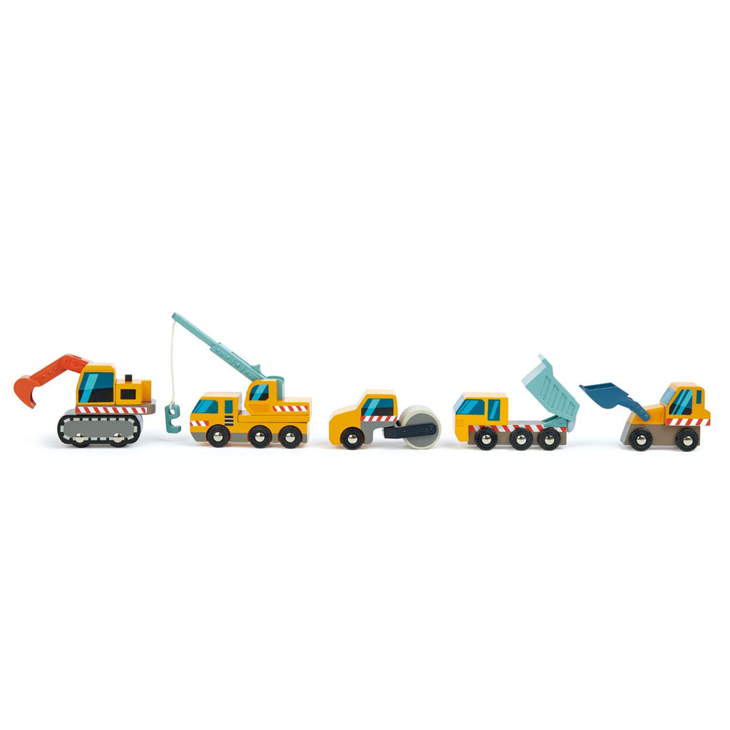 Tender Leaf Toys wooden vehicles construction site, including dump truck, front loader, digger, crane truck, road roller. All with moving parts