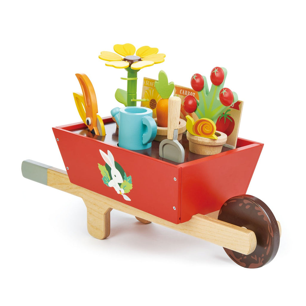 Tender Leaf wooden toy garden wheelbarrow with flowers