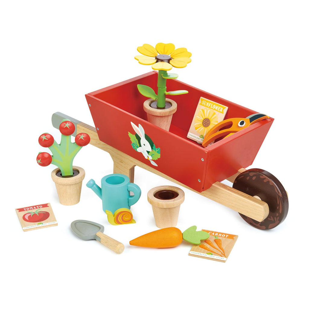 Tender Leaf wooden toy garden wheelbarrow with flowers