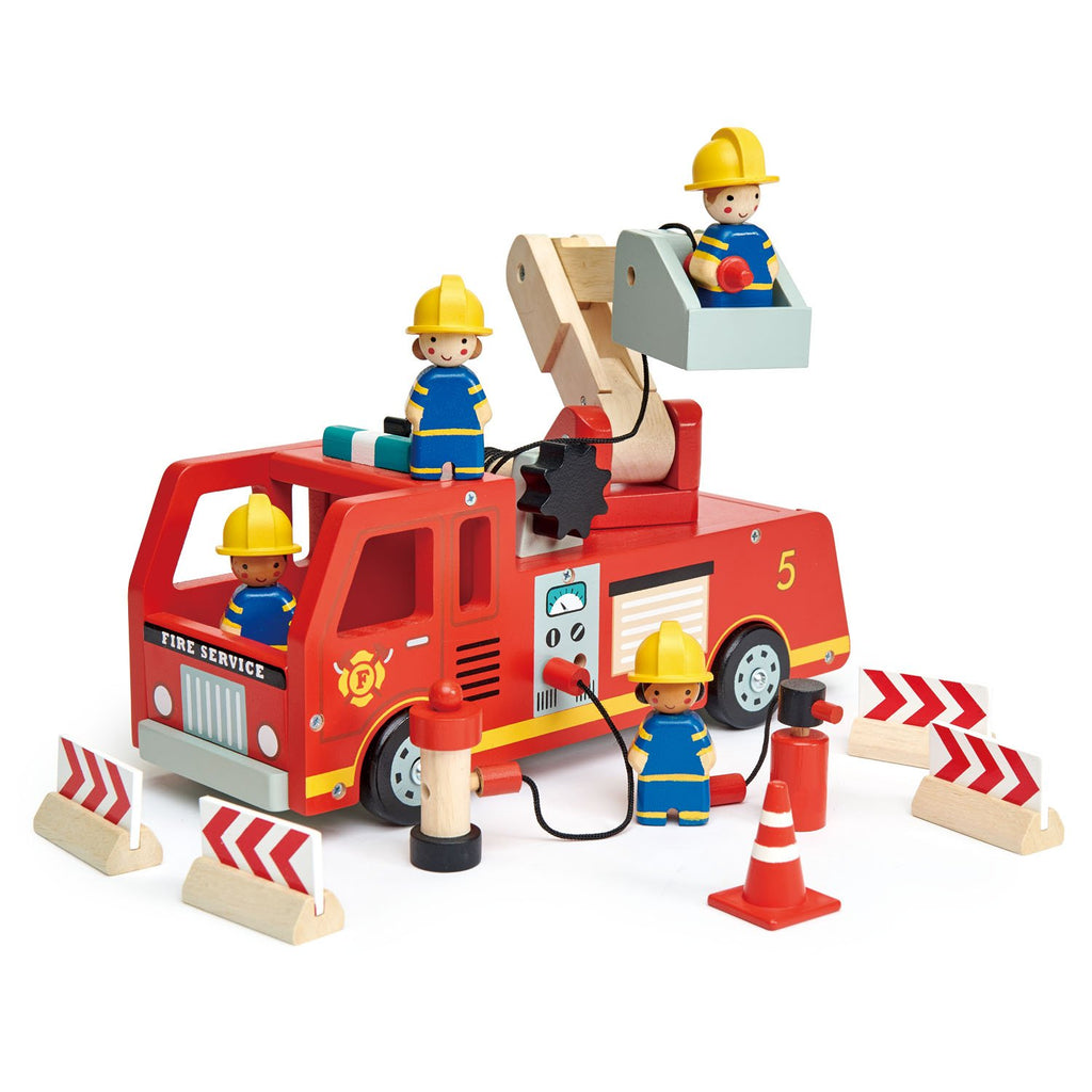 Tender Leaf Toys wooden fire engine in bright red with fire fighter characters