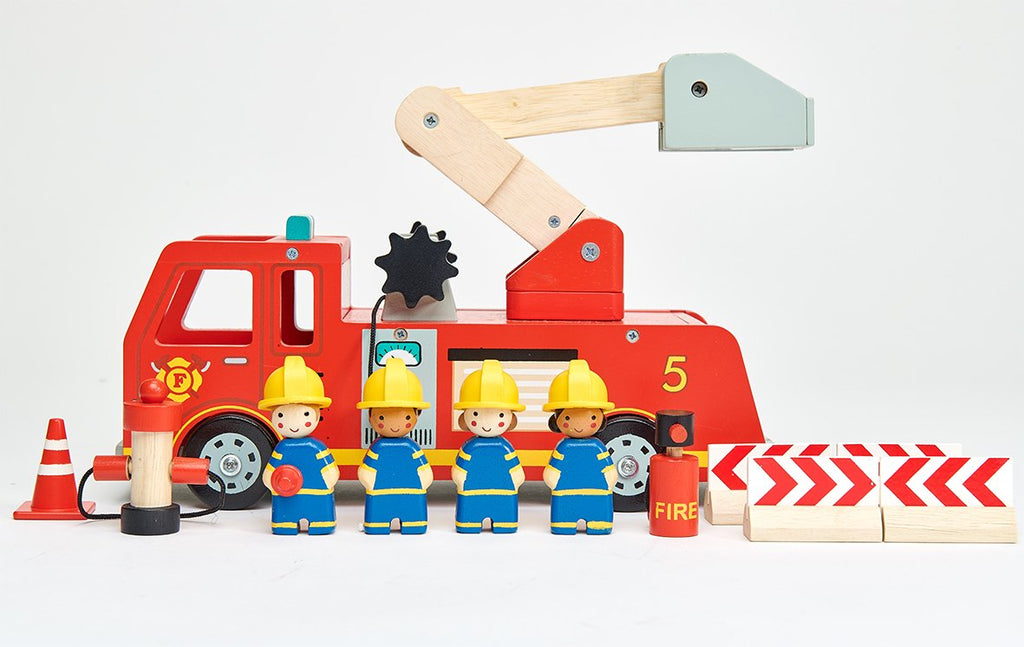 Tender Leaf Toys wooden fire engine in bright red with fire fighter characters