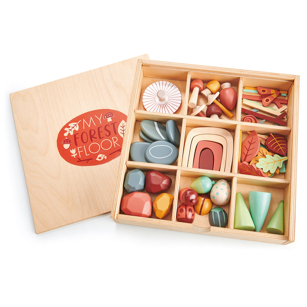 tender leaf wooden toy plastic free open ended play with items from the forest floor. comes with a box with compartments with lots of colourful and cool accessories including play pebbles, rainbow, stones, leaves, trees, bugs and insects for ultimate montessori play time. play with friends and pack away neatly in the nursery