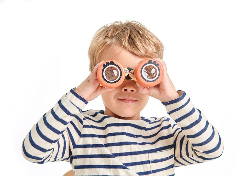 Tender Leaf Wooden binoculars toy with kaleidoscope lenses.