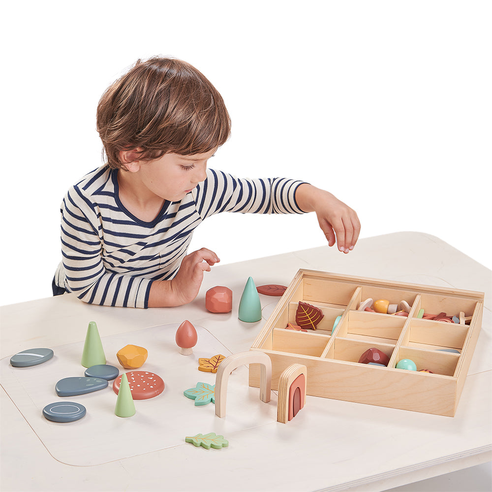 tender leaf wooden toy plastic free open ended play with items from the forest floor. comes with a box with compartments with lots of colourful and cool accessories including play pebbles, rainbow, stones, leaves, trees, bugs and insects for ultimate montessori play time. play with friends and pack away neatly in the nursery