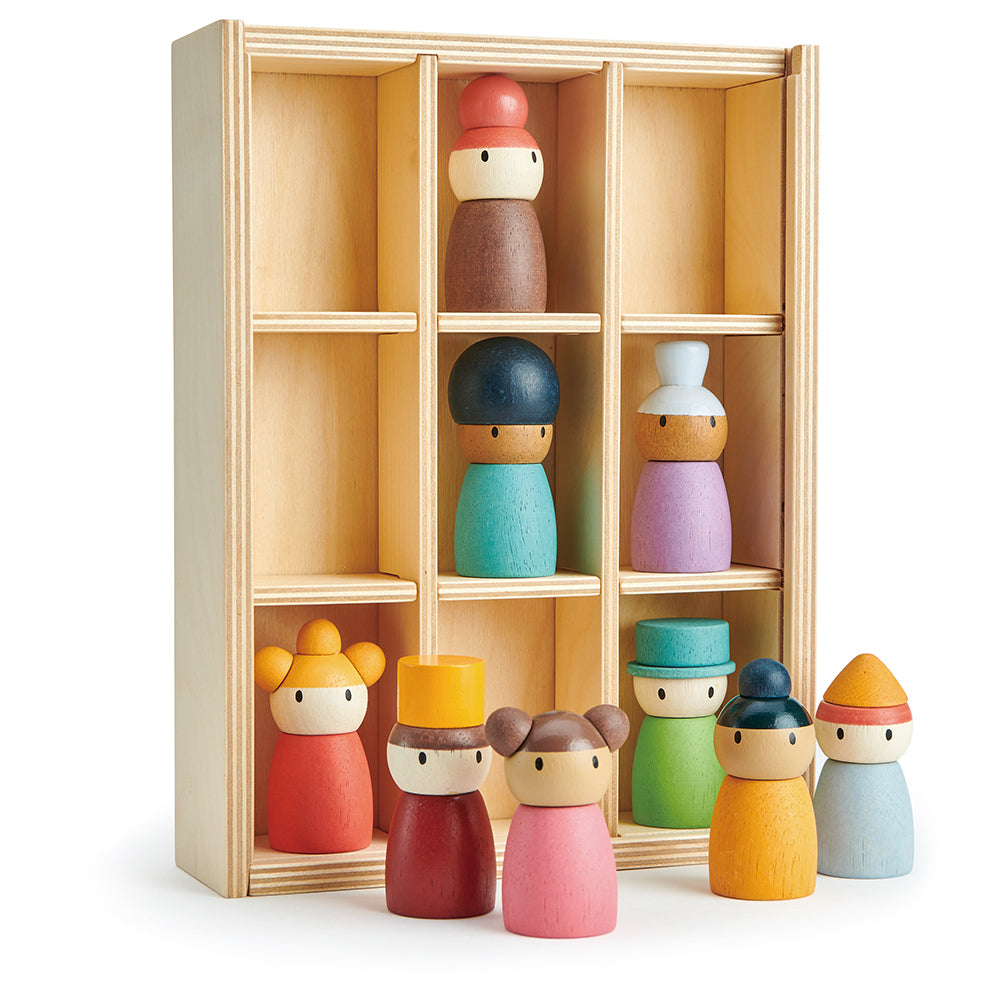 tender leaf wood toys completely plastic free and sustainable happy people hotel is an educational open ended play montessori shelf with 9 people from different ethnicities and ages. Teaches inclusivity to children and learning social skills through play.