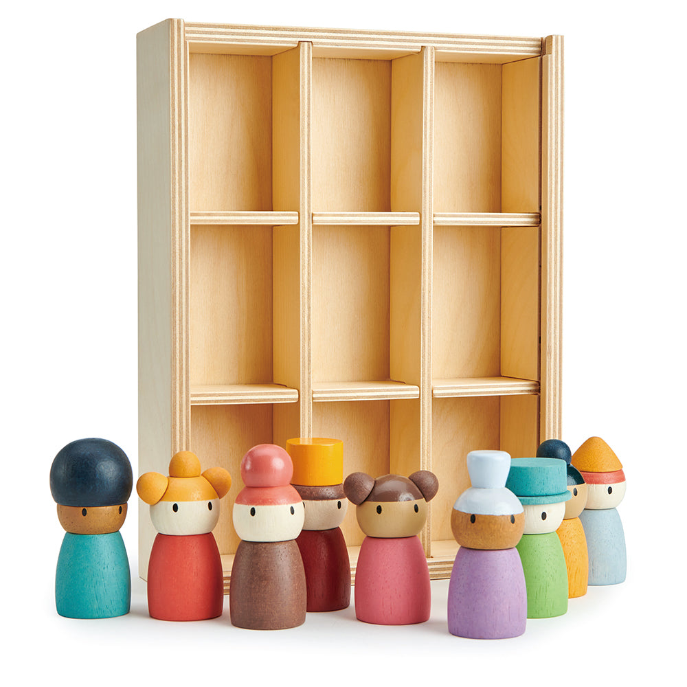 tender leaf wood toys completely plastic free and sustainable happy people hotel is an educational open ended play montessori shelf with 9 people from different ethnicities and ages. Teaches inclusivity to children and learning social skills through play.