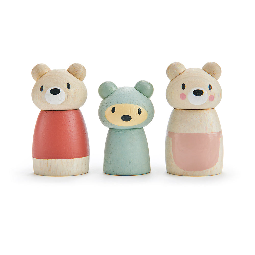 Tenderleaf solid wood bear cub doll family that are completely plastic free, with mummy daddy and baby all with their character names printed underneath. Open ended play and dolls world accessories and a perfect gift idea for children.