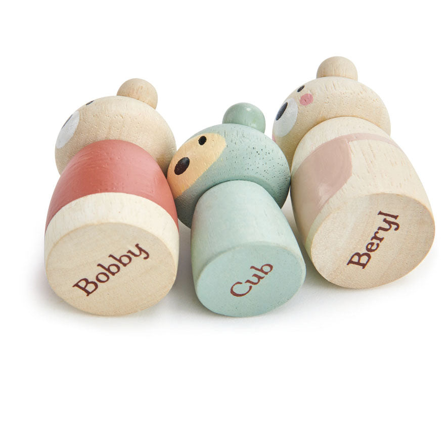 Tenderleaf solid wood bear cub doll family that are completely plastic free, with mummy daddy and baby all with their character names printed underneath. Open ended play and dolls world accessories and a perfect gift idea for children.