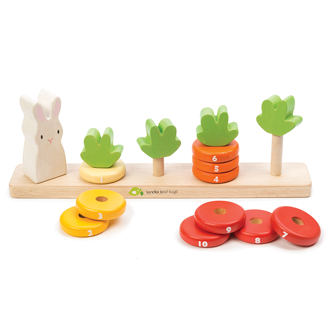 Tender Leaf Toys wooden counting game to educate toddlers. 10 numbered stacking rings designed for child development and learning through play