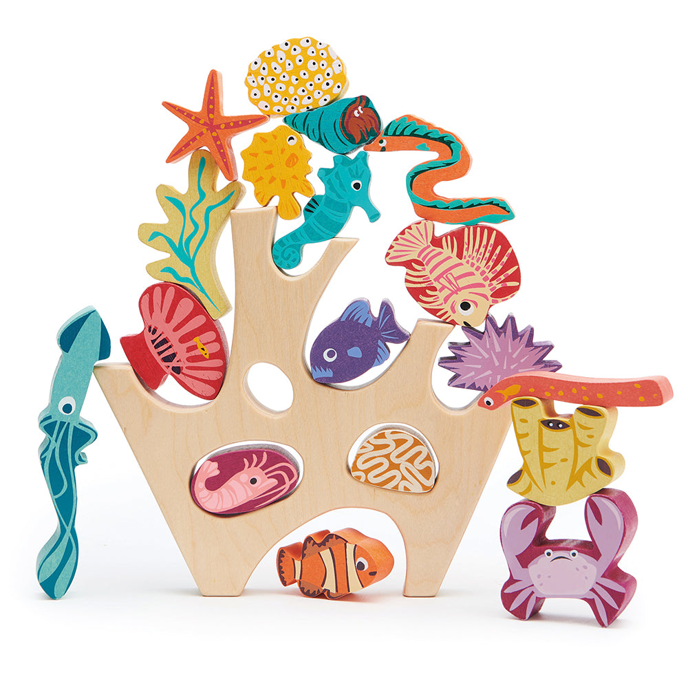 completely plastic free toy wooden stacking under the sea coral rock sea creatures including a shrimp, a squid, a crab, two eels, a sea urchin, a sea anenome, a starfish, a seahorse, three fish, four coral pieces, and a hermit crab.