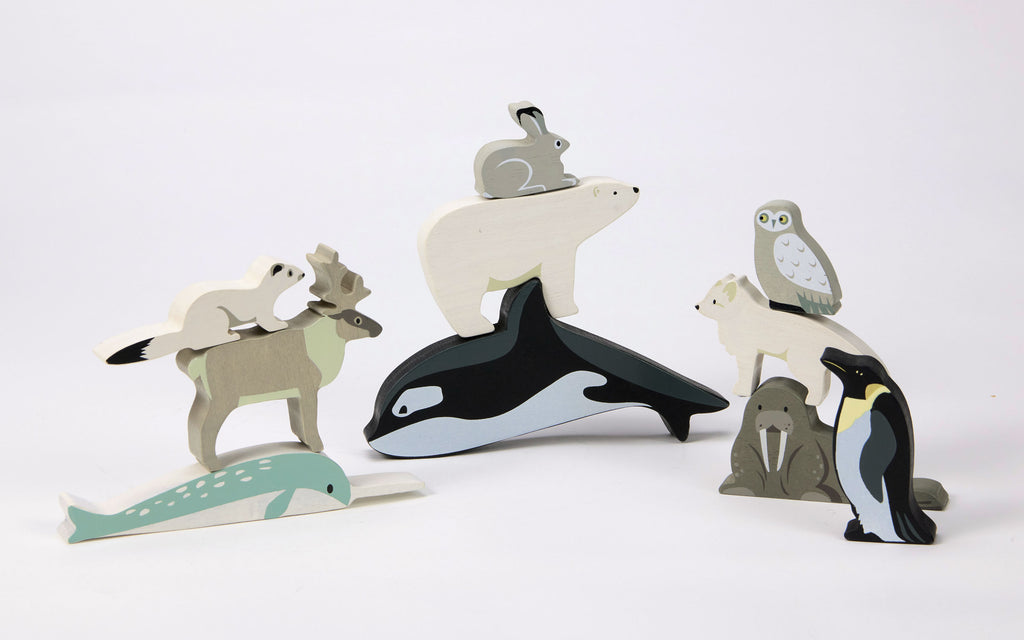 tenderleaf wooden toy Polar Animals Shelf with whale polar bear deer stoat rabbit fox owl penguin and walrus